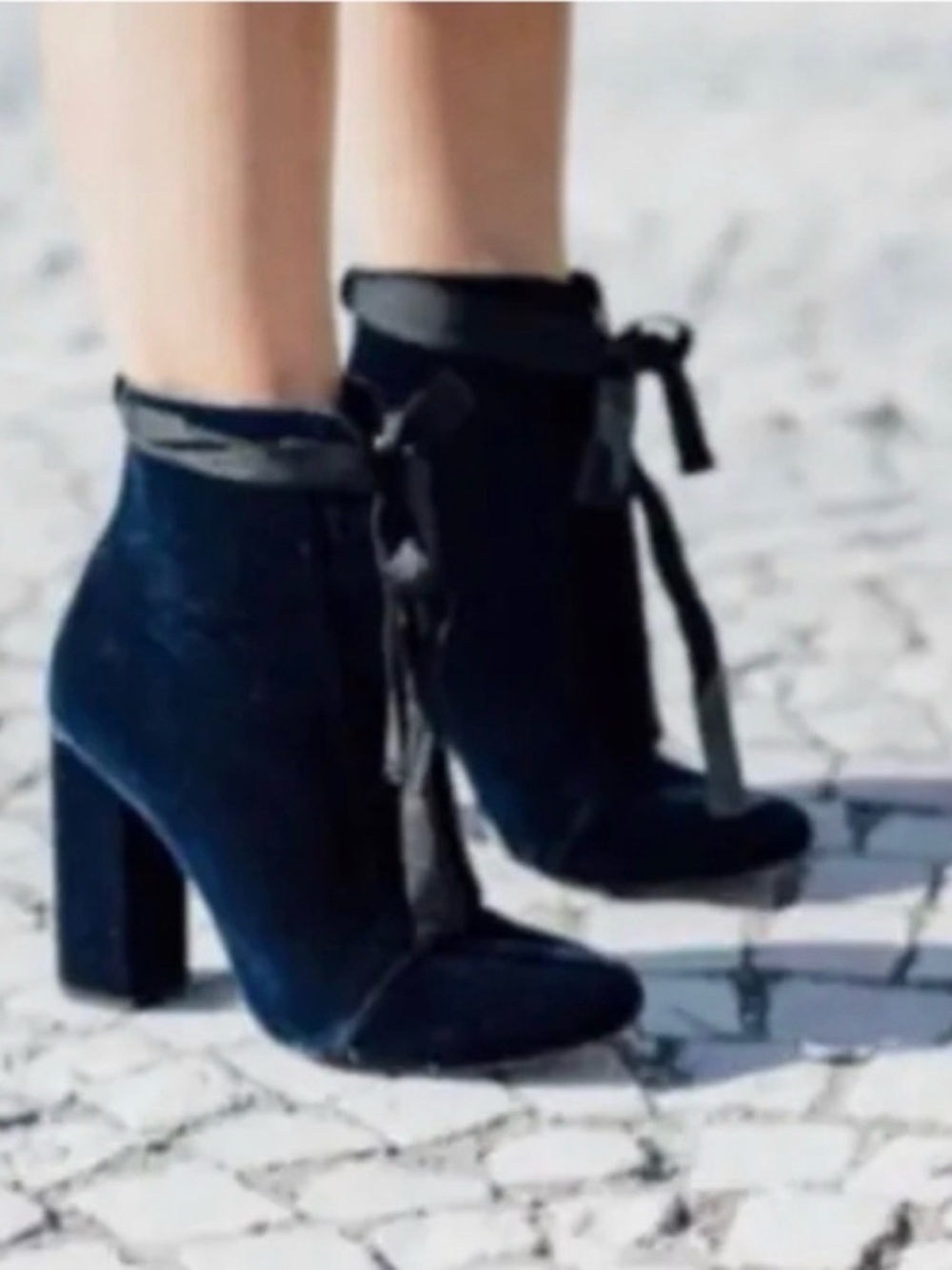 Zara Navy Velvet Ankle Booties with Block Heel